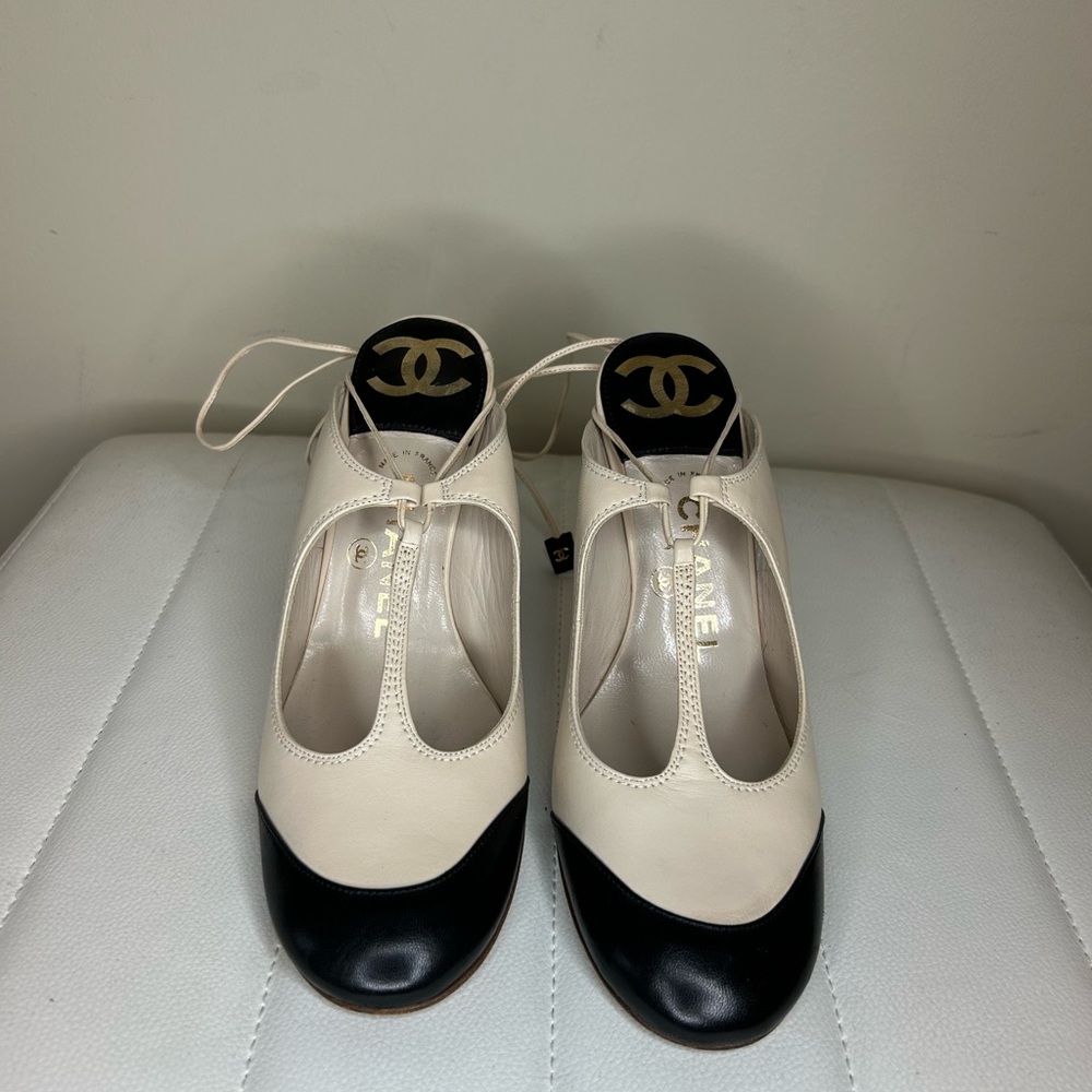 CHANEL Mary Jane Spectator Pumps with Logo Ankle Ties - Size 37 1/2